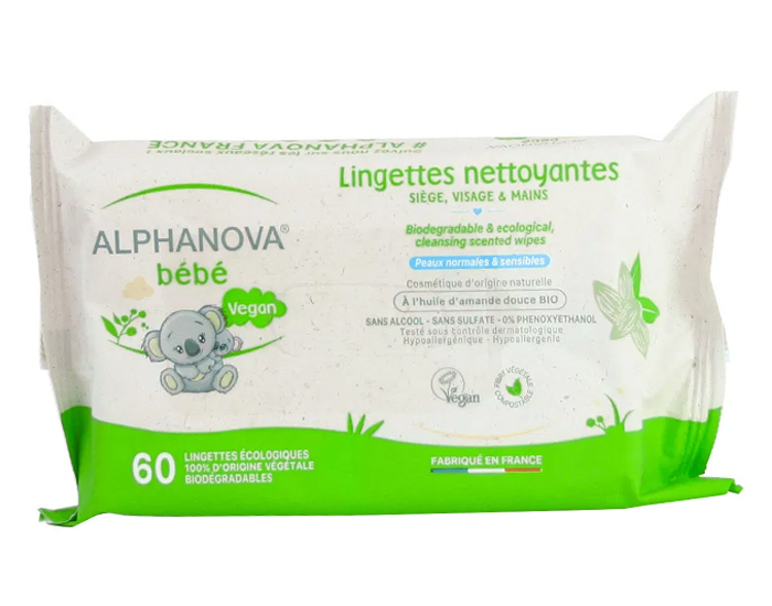 ALPHANOVA Bb Lingettes Biodgradables Parfumes, Epaisses et Extra-Douces - 60 Lingettes