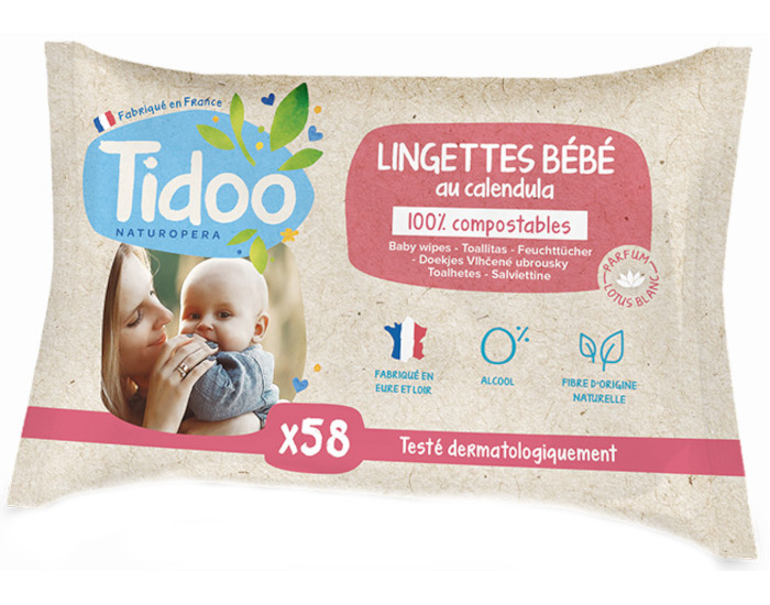 Tidoo - Lingettes bébé compostables sans parfum au calendula - 58
