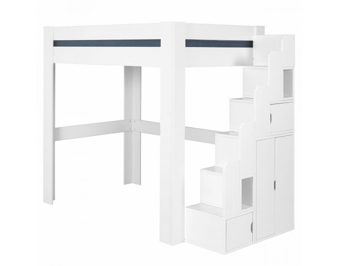 AKITEN RETAIL Pack Lit Mezzanine 2 Places avec Escalier, Bureau et Matelas - Alex - Blanc