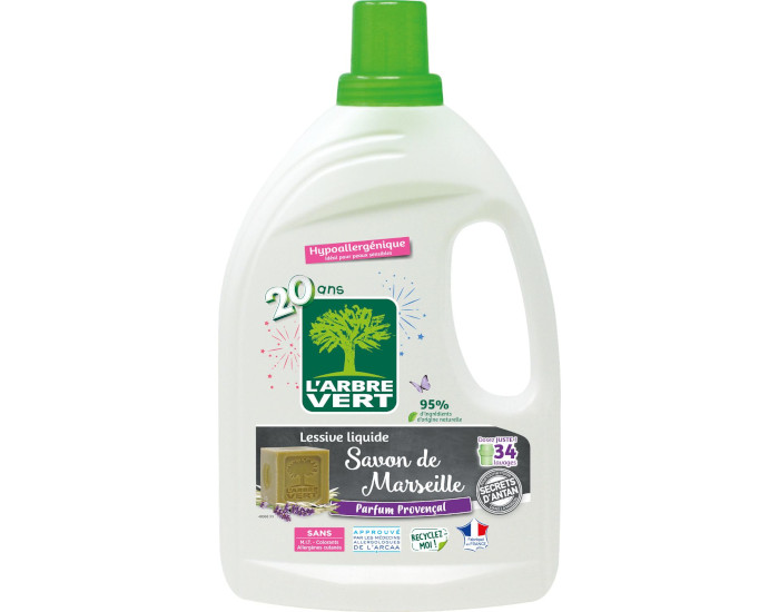 L'ARBRE VERT Lessive Liquide Savon de Marseille - 34 lavages Bidon 1,53L