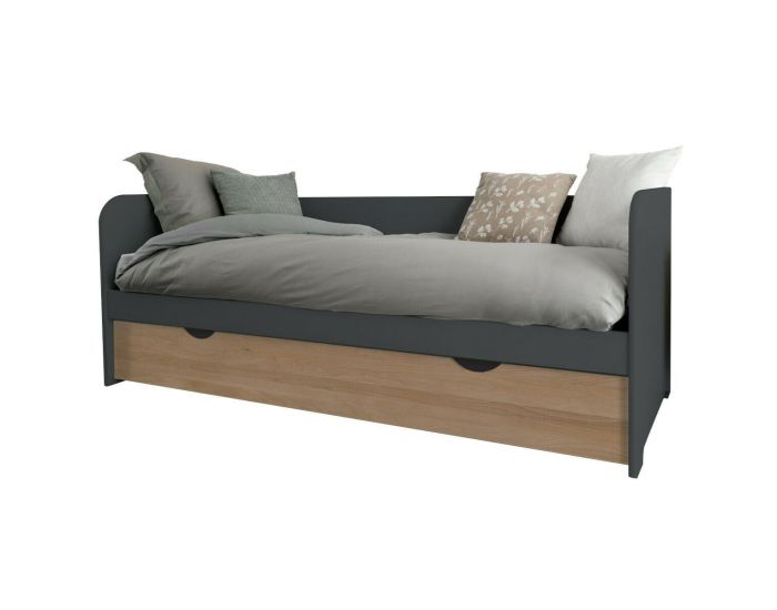 AKITEN RETAIL Pack Lit Gigogne avec 2 Matelas - Java - Gris et Bois 80x190 cm