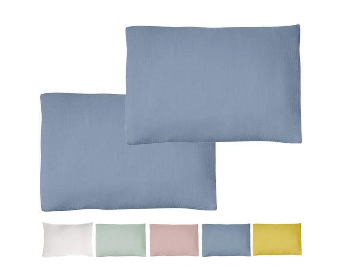 LE LIT DE MON BB Lot de 2 Taies d'Oreiller Bb Double Gaze de Coton - Bleu Gris 40x60 cm