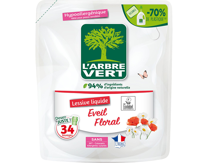 L'ARBRE VERT Lessive Liquide Eveil Floral - 34 Lavages - Recharge - 1,53 L