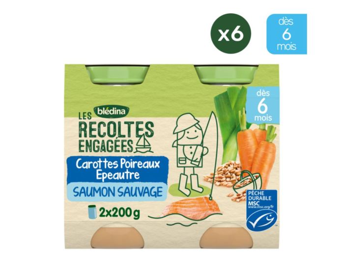 BLEDINA Les Rcoltes Engages - 6x(2x200g) - Carottes, Poireaux, Epautre et Saumon Sauvage - Ds 6 m