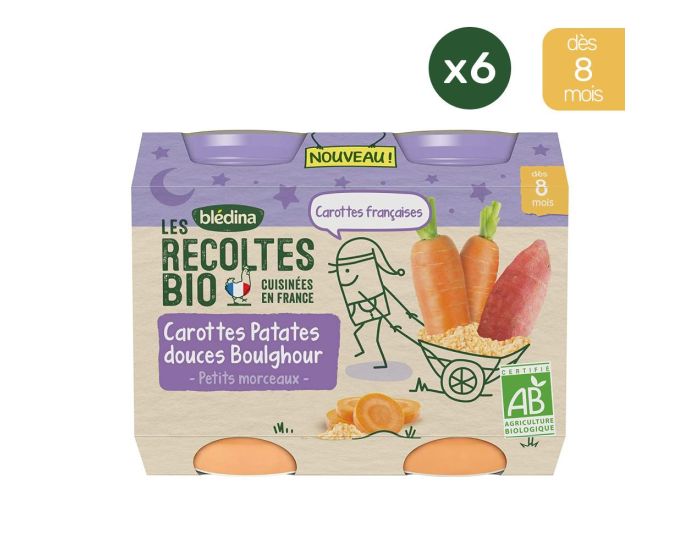 BLEDINA Les Rcoltes Bio - 6x(2x200g) - Carottes, Patates Douces, Boulghour - Ds 8 Mois