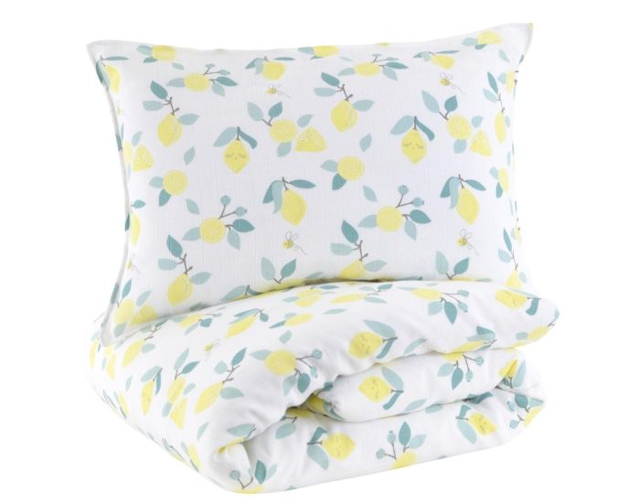 LITTLE CREVETTE Parure de Lit Bb - Taie et Housse de Couette  - Gaze de Coton - 100x140 cm Limonade