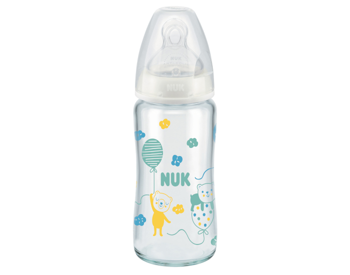 NUK Biberon Col Large Ours Serenity+ en Verre Temperature Control 240ml M Ours - Ttine Silicone M