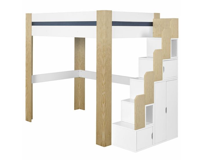 AKITEN RETAIL Pack Lit Mezzanine 2 Places avec Escalier, Bureau et Matelas - Lex - Blanc et Bois