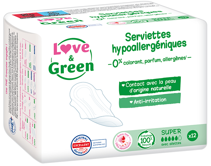 LOVE & GREEN Serviettes Ultra Super avec Ailettes - Boite de 12