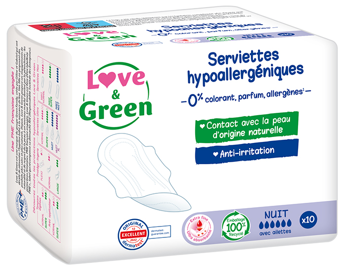 LOVE & GREEN Serviettes Ultra Nuit avec Ailettes - Boite de 10