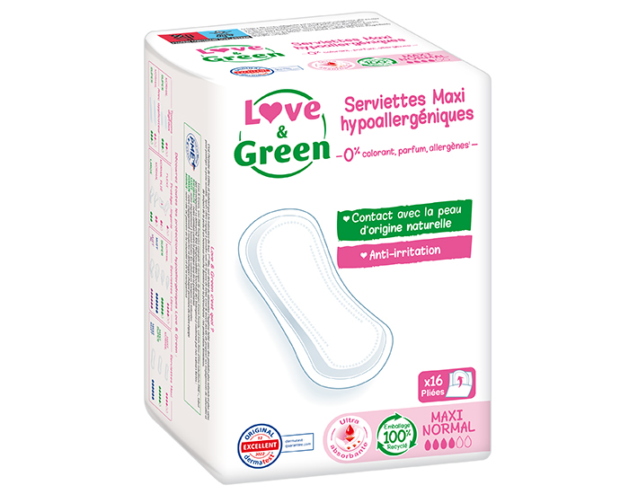 LOVE & GREEN Serviettes Maxi Normal Sans Ailettes - Boite de 16 