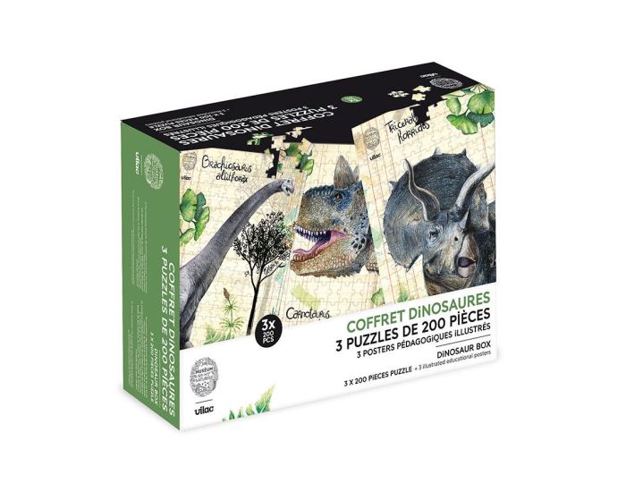 VILAC Coffret 3 Puzzles Dinosaures et Posters - Ds 6 ans 