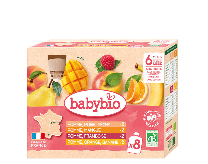 BABYBIO Multiparfums Gourde de Fruits - 8x90g - Ds 6 mois