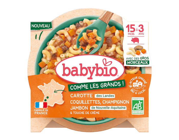 BABYBIO Assiette Menu Comme les Grands - 190 g ou 200 g - D�s 15 mois Carotte des Landes Champignons Coquillettes Jambon