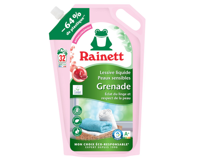 RAINETT Lessive Liquide Peaux Sensibles Grenade - Recharge 32 lavages - 1,6L