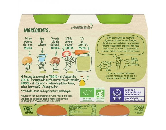 Blédina Les Récoltes Bio Petits Pots Bébé Légumes Du Soleil Bœuf Dès 6 Mois  Les 2 Pots De 200G - DRH MARKET Sarl