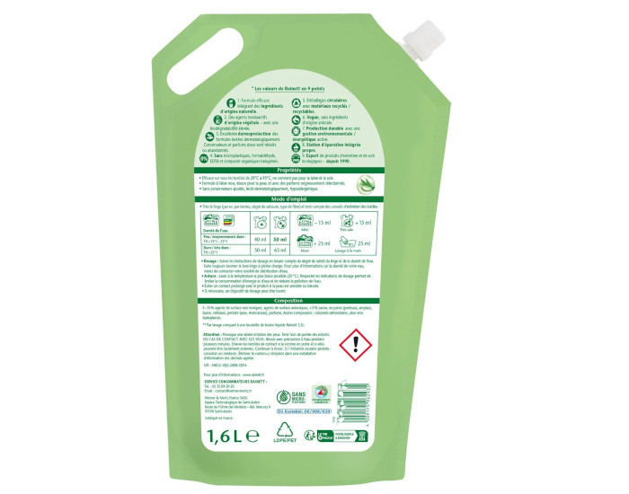 RAINETT Lessive Liquide Peaux Sensibles Alo Vera - Recharge de 1,6 L	 (1)