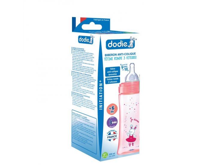 DODIE Biberon Anti-Colique Initiation + Ttine Ronde 3 Vitesses Dbit 3 - 330 ml - +6 mois  (8)