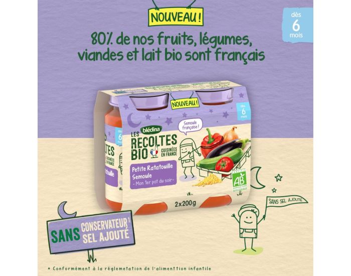 BLEDINA Les Rcoltes Bio - 6x(2x200g) - Ratatouille Provencale et Semoule - Ds 6 mois (1)