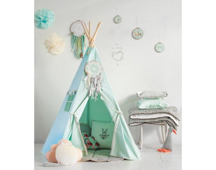 MOI MILI Tente Tipi avec Pompoms et Tapis - Vert Menthe (1)