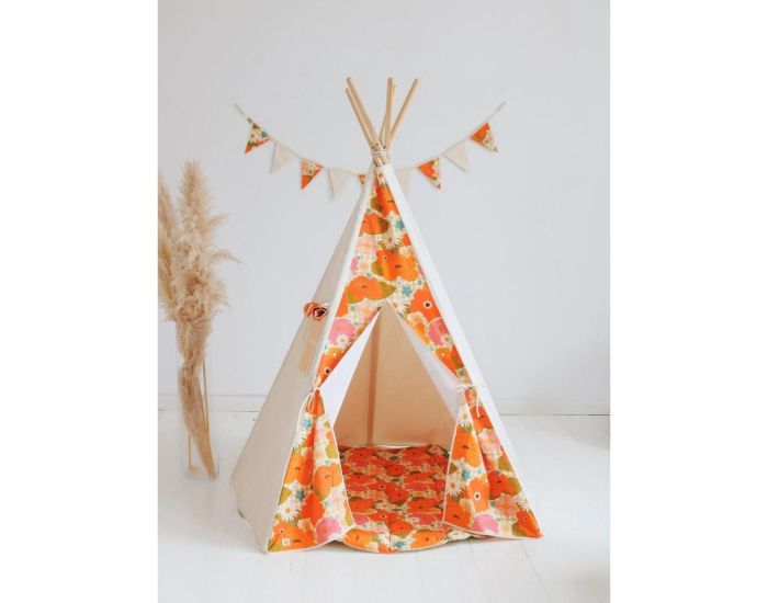 MOI MILI Tente Tipi avec Tapis Picnic aux Fleurs - Beige, Orange, Vert (2)