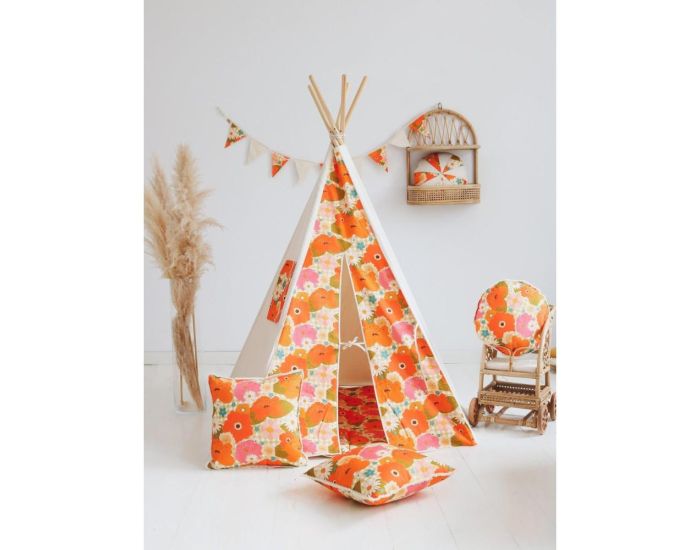 MOI MILI Tente Tipi avec Tapis Picnic aux Fleurs - Beige, Orange, Vert (3)