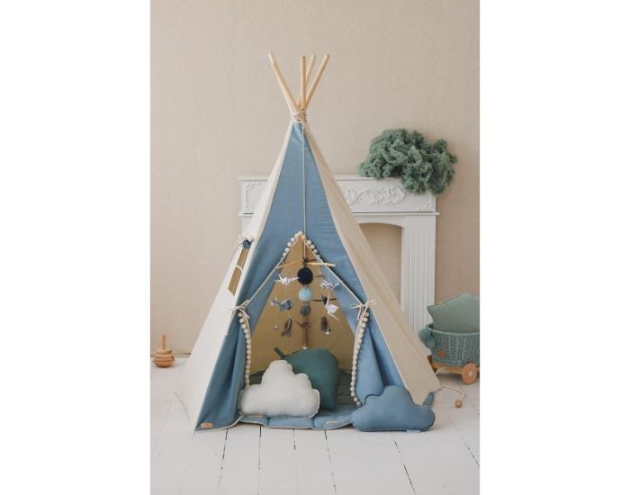 MOI MILI Tente Tipi avec Pompoms et Tapis - Bleu Jean (3)