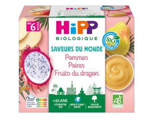 HIPP Coupelles Fruits Saveur du Monde - 4 x 100 g - Ds 6 mois Pommes Poires Fruits du Dragon