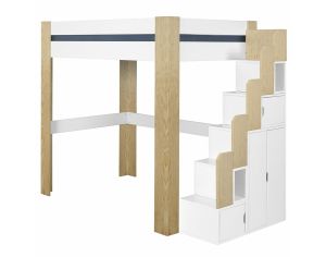 AKITEN RETAIL Pack Lit Mezzanine 2 Places avec Escalier, Bureau et Matelas - Lex - Blanc et Bois