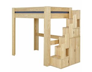 AKITEN RETAIL Pack Lit Mezzanine 2 Places avec Escalier, Bureau et Matelas - Lex - Bois Naturel 140X190 cm