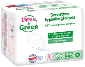 LOVE & GREEN Serviettes Ultra Super avec Ailettes - Boite de 12