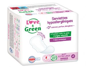 LOVE & GREEN Serviettes Ultra Nuit Extra Large Avec Ailettes - Boite de 9 