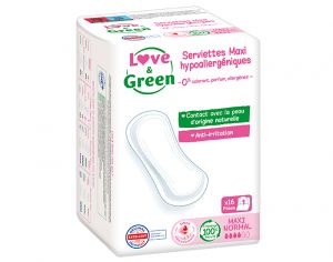 LOVE & GREEN Serviettes Maxi Normal Sans Ailettes - Boite de 16 