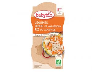 BABYBIO Bols Menu du Jour - 2 x 200 g Lgumes Dinde du Poitou & Riz de Camargue - 8 Mois