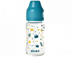 BEABA Biberon Verre Col Large 240 ml - Yellow Blue Crown